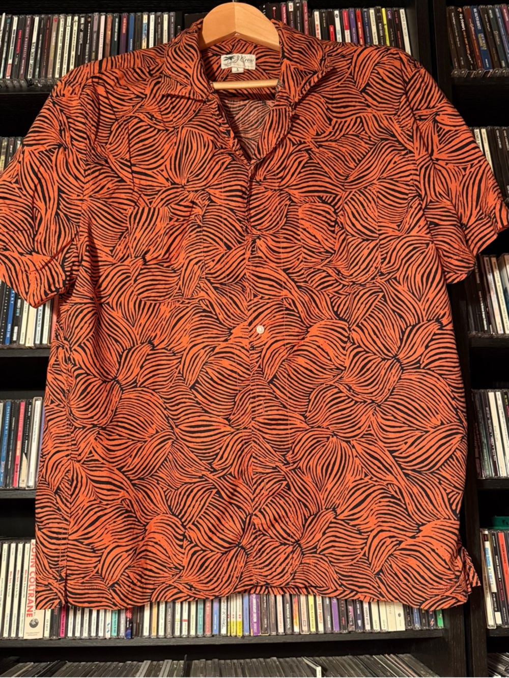 J. Crew camp collar in 100% cotton orange and navy complicated pattern